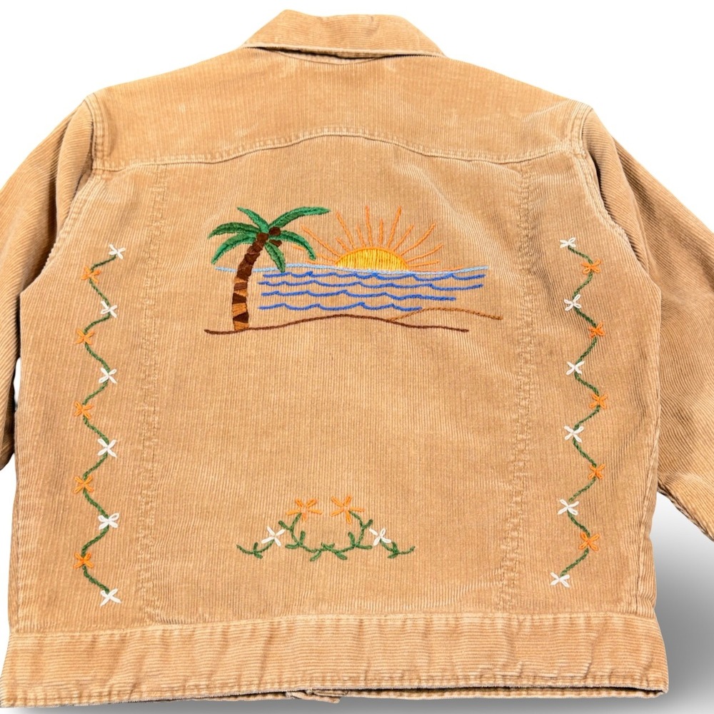Levis OOAK Corduroy Trucker Jacket Girls 16 Women XS Boho Hand Embroidered Khaki - Picture 6 of 11